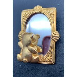 Vintage JJ Brooch Pin Gold Tone Teddy Bear Sitting In Mirror Reflection 2"H